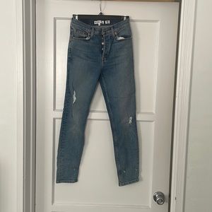 Redone jeans. They are womens originals and I would say they are skinny